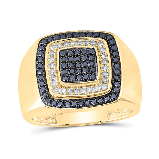 10K Yellow Gold Mens Round Black Color Treated Diamond Square Ring 3/4 Cttw, Mens Size: 7-13
