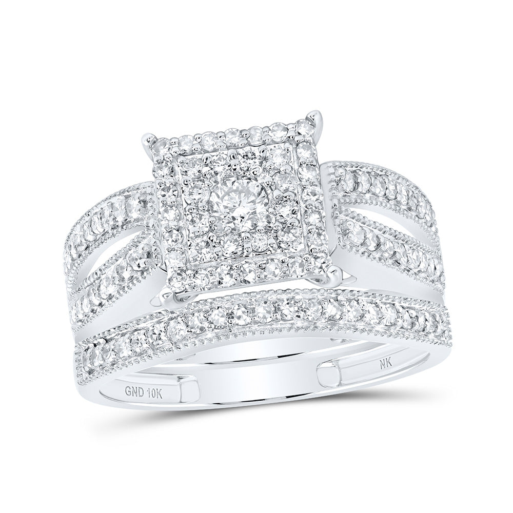10K White Gold Round Diamond Square Bridal Wedding Ring Band Set 3/4 Cttw, Womens Size: 5-10