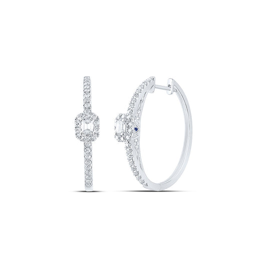 14K White Gold Womens Emerald Diamond Hoop Earrings 1 Cttw
