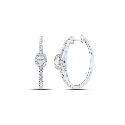14K White Gold Womens Oval Diamond Hoop Earrings 1 Cttw