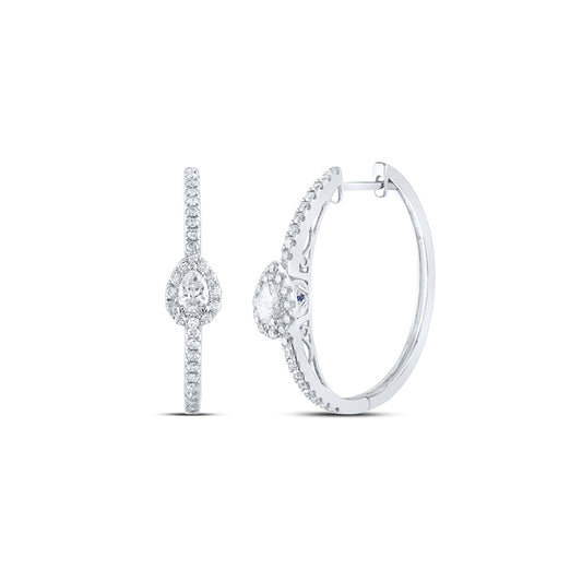 14K White Gold Womens Pear Diamond Hoop Earrings 1 Cttw