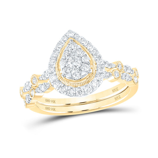 14K Yellow Gold Round Diamond Teardrop Bridal Wedding Ring Band Set 5/8 Cttw, Womens Size: 5-10