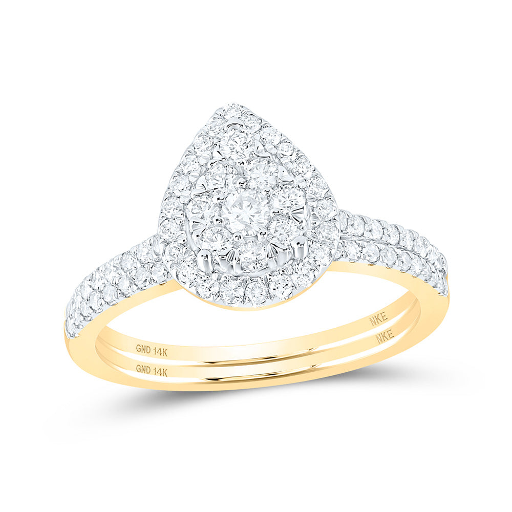 14K White Or Yellow Gold Round Diamond Slender Teardrop Bridal Wedding Ring Band Set , Womens Size: 5-10