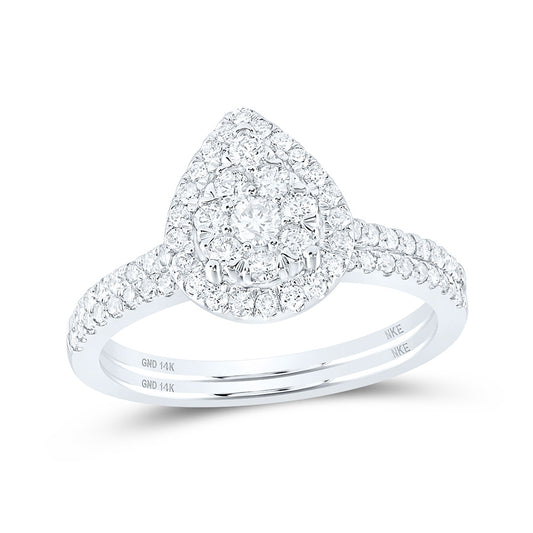 14K White Or Yellow Gold Round Diamond Slender Teardrop Bridal Wedding Ring Band Set , Womens Size: 5-10