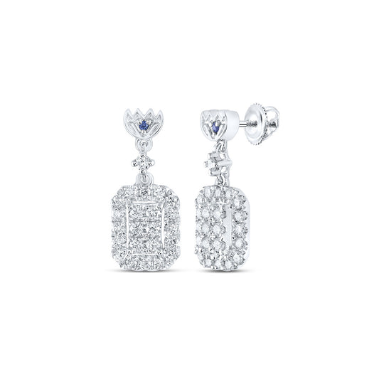 14K White Gold Womens Round Diamond Rectangle Dangle Earrings 1/2 Cttw