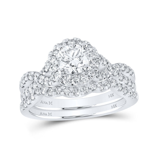 14K White Gold Round Diamond Halo Bridal Wedding Ring Band Set 1-1/2 Cttw, Womens Size: 5-10