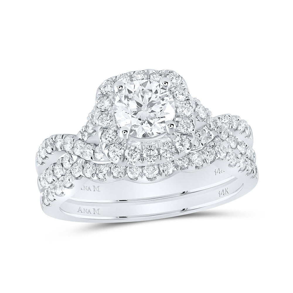 14K White Gold Round Diamond Halo Bridal Wedding Ring Band Set 1-1/2 Cttw, Womens Size: 5-10