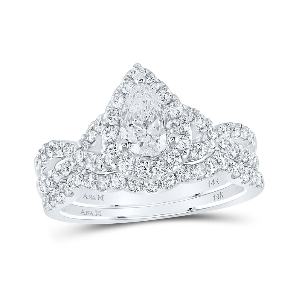 14K White Gold Pear Diamond Halo Bridal Wedding Ring Band Set 1-1/2 Cttw, Womens Size: 5-10