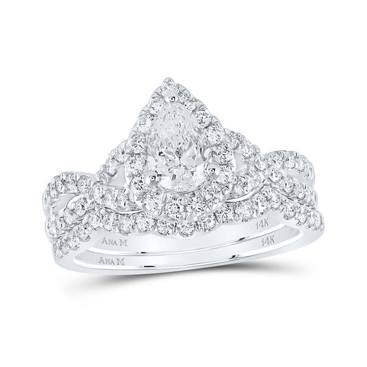 14K White Gold Pear Diamond Halo Bridal Wedding Ring Band Set 1-1/2 Cttw, Womens Size: 5-10
