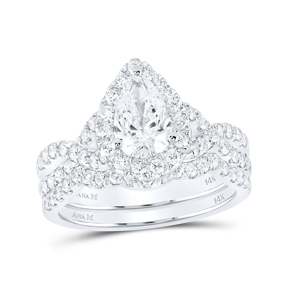 14K White Gold Pear Diamond Halo Bridal Wedding Ring Band Set 2 Cttw, Womens Size: 5-10