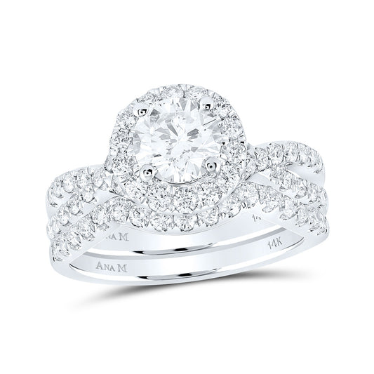 14K White Gold Round Diamond Halo Bridal Wedding Ring Band Set 2 Cttw, Womens Size: 5-10