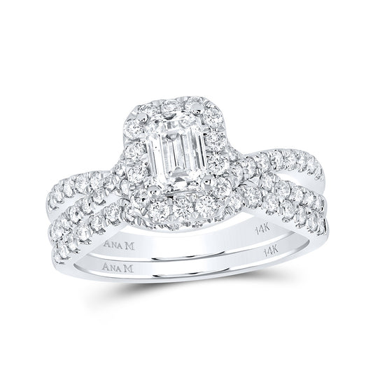 14K White Gold Emerald Diamond Halo Bridal Wedding Ring Band Set 1-1/2 Cttw, Womens Size: 5-10
