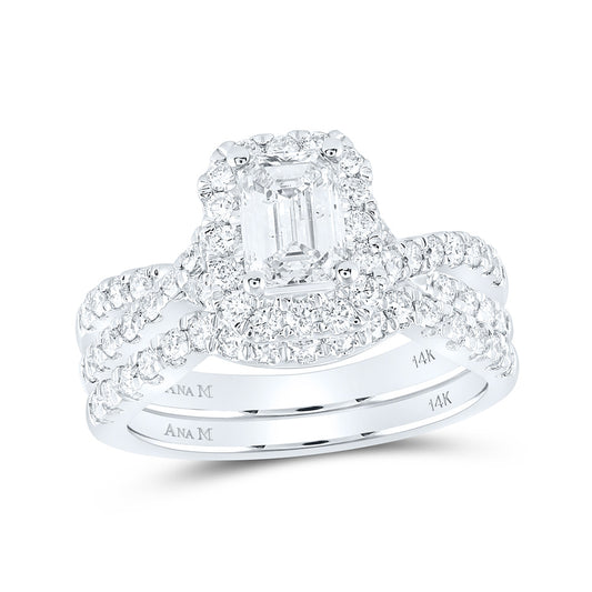 14K White Gold Emerald Diamond Halo Bridal Wedding Ring Band Set 2 Cttw, Womens Size: 5-10