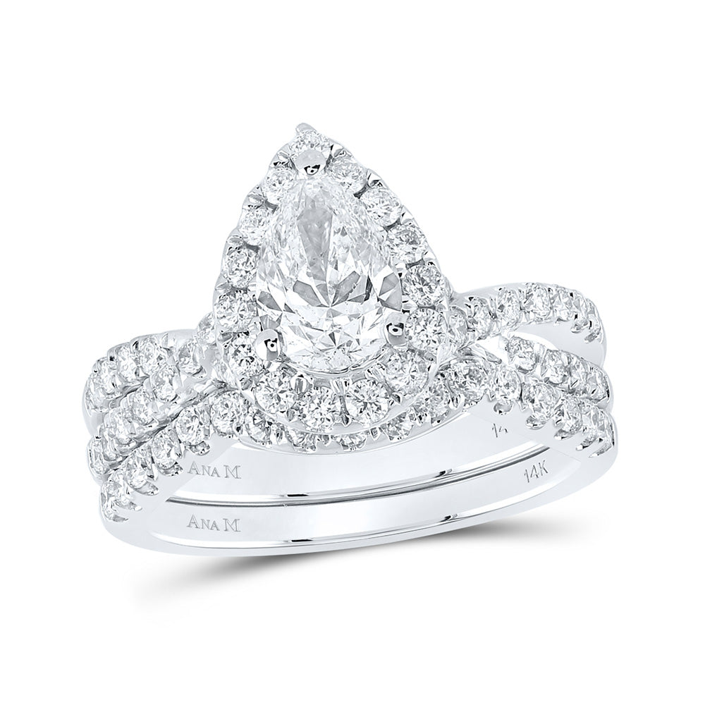 14K White Gold Pear Diamond Halo Bridal Wedding Ring Band Set 2 Cttw, Womens Size: 5-10