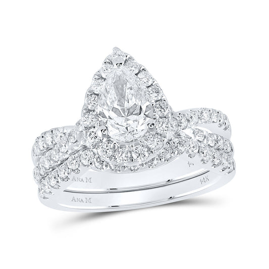 14K White Gold Pear Diamond Halo Bridal Wedding Ring Band Set 2 Cttw, Womens Size: 5-10
