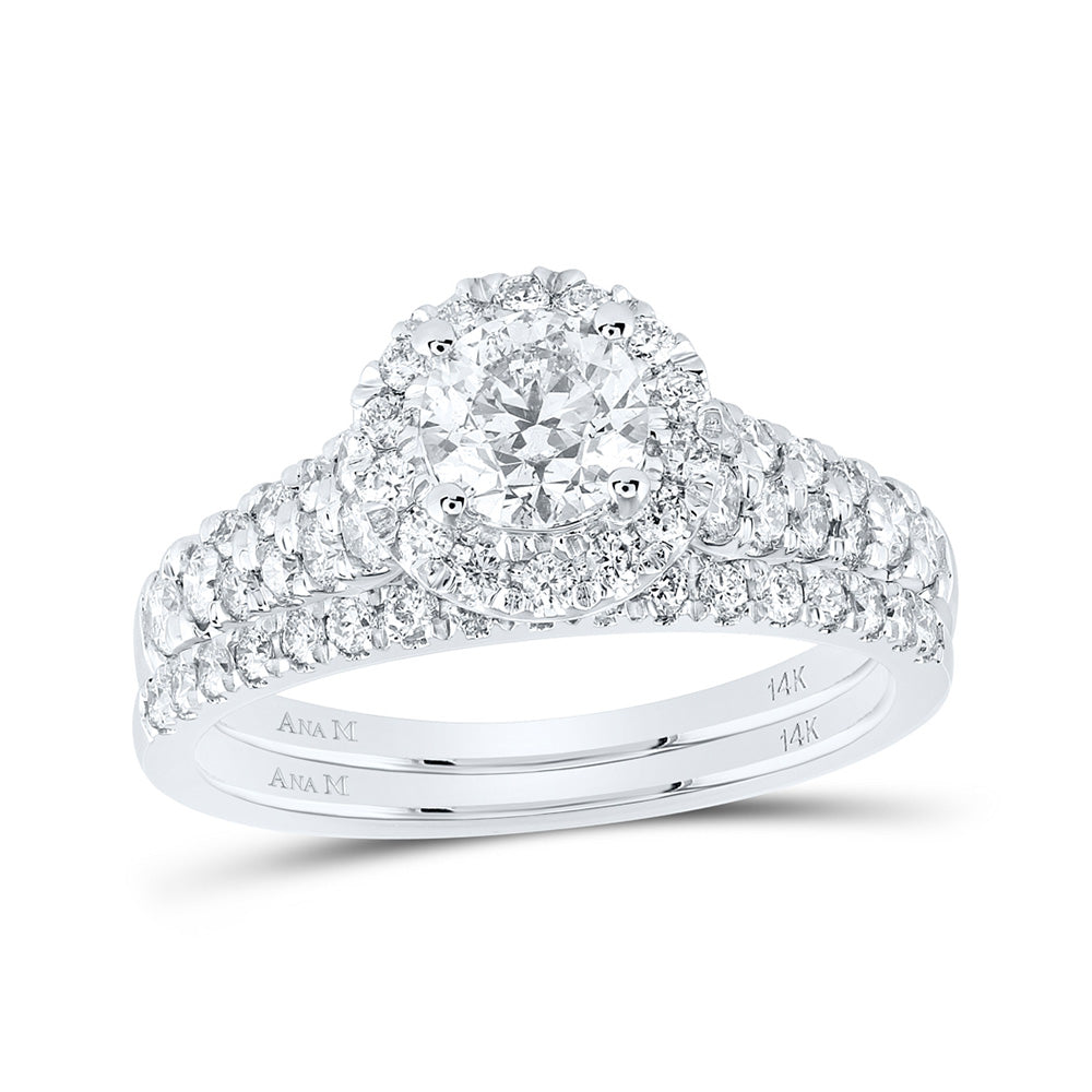 14K White Gold Round Diamond Halo Bridal Wedding Ring Band Set 1-1/2 Cttw, Womens Size: 5-10