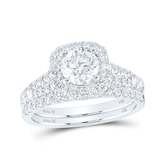 14K White Gold Round Diamond Halo Bridal Wedding Ring Band Set 2 Cttw, Womens Size: 5-10