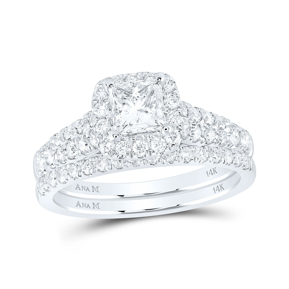 14K White Gold Princess Diamond Halo Bridal Wedding Ring Band Set 1-1/2 Cttw, Womens Size: 5-10