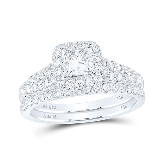 14K White Gold Princess Diamond Halo Bridal Wedding Ring Band Set 1-1/2 Cttw, Womens Size: 5-10