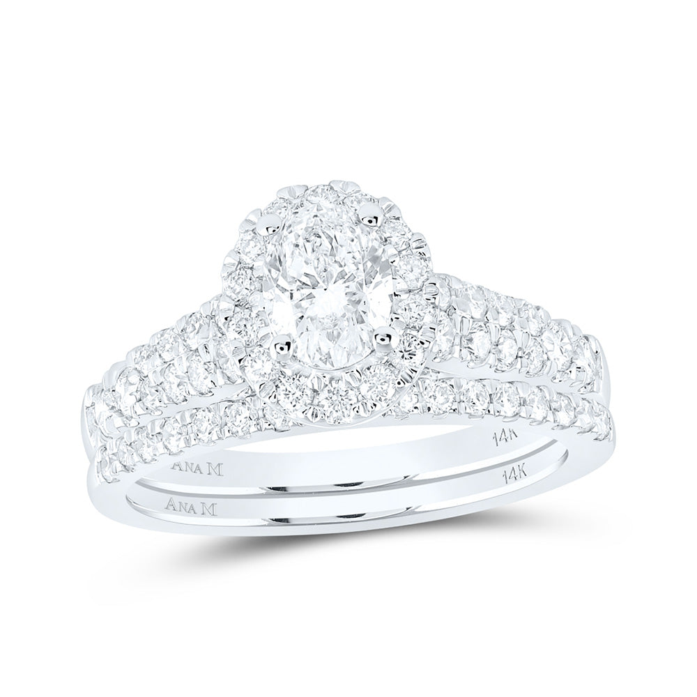 14K White Gold Oval Diamond Halo Bridal Wedding Ring Band Set 1-1/2 Cttw, Womens Size: 5-10
