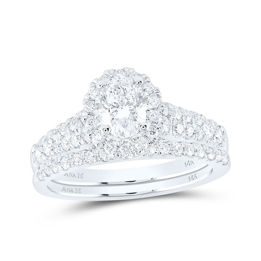 14K White Gold Oval Diamond Halo Bridal Wedding Ring Band Set 1-1/2 Cttw, Womens Size: 5-10