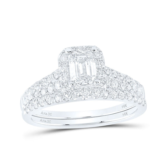 14K White Gold Emerald Diamond Halo Bridal Wedding Ring Band Set 1-1/2 Cttw, Womens Size: 5-10