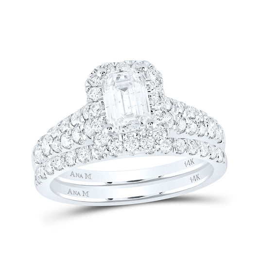 14K White Gold Emerald Diamond Halo Bridal Wedding Ring Band Set 2 Cttw, Womens Size: 5-10
