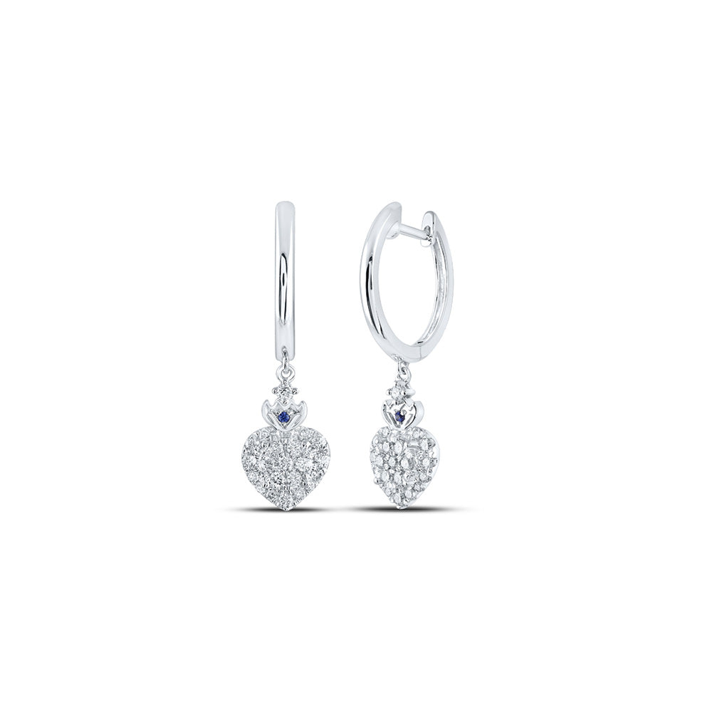 14K White Gold Womens Round Diamond Heart Hoop Dangle Earrings 1/2 Cttw