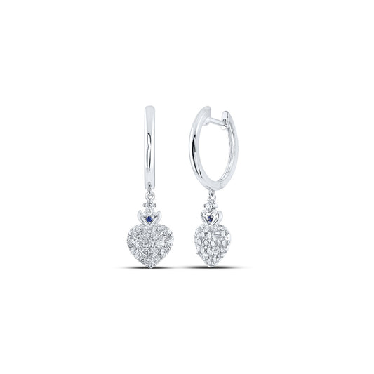 14K White Gold Womens Round Diamond Heart Hoop Dangle Earrings 1/2 Cttw