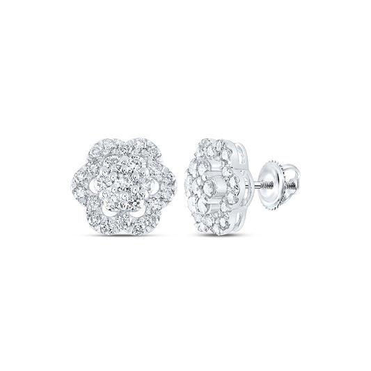 14K White Or Yellow Gold Womens Round Diamond Flower Cluster Earrings