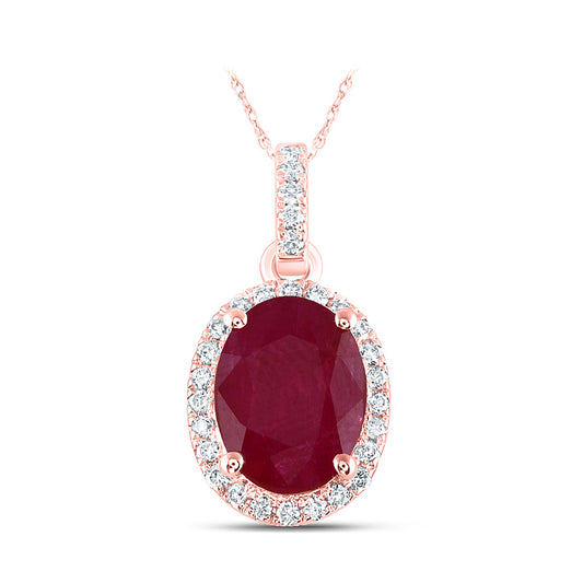 14K White Or Rose Gold Womens Oval Ruby Solitaire Diamond Halo Pendant