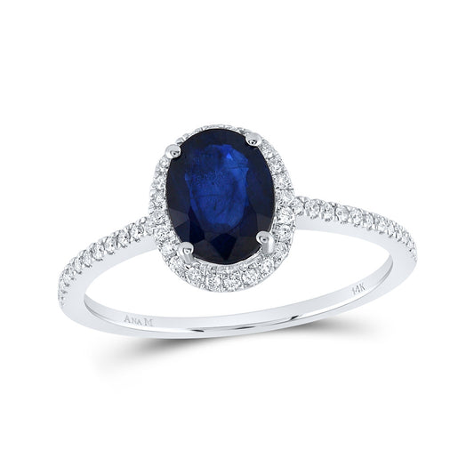14K White Gold Womens Oval Blue Sapphire Solitaire Diamond Halo Ring 1 Cttw, Womens Size: 5-10
