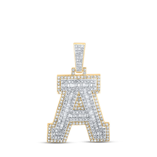 10K Yellow Gold Mens Baguette Diamond Initial Letter Charm Pendant