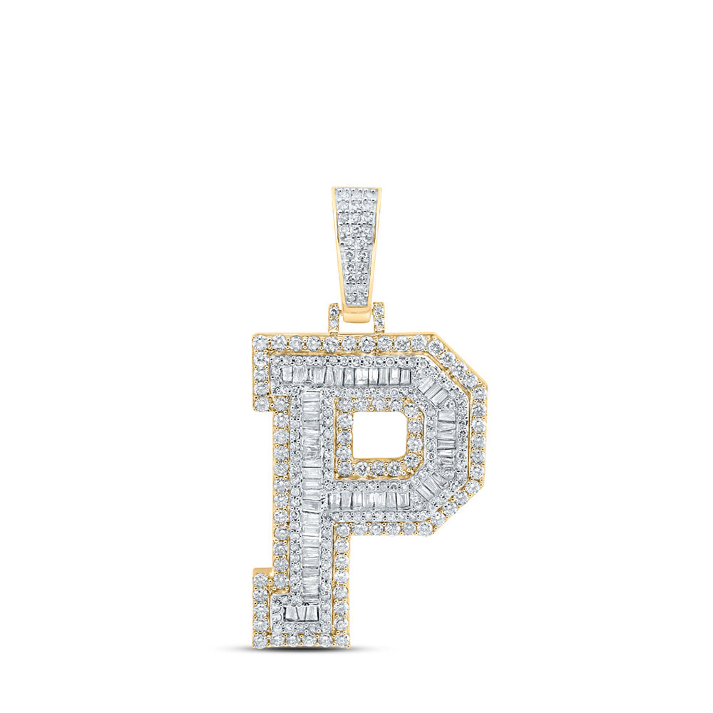 10K Yellow Gold Mens Baguette Diamond Initial Letter Charm Pendant