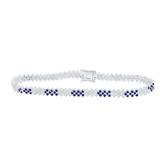 14K White Gold Womens Round Blue Sapphire Diamond Tennis Bracelet 2-7/8 Cttw