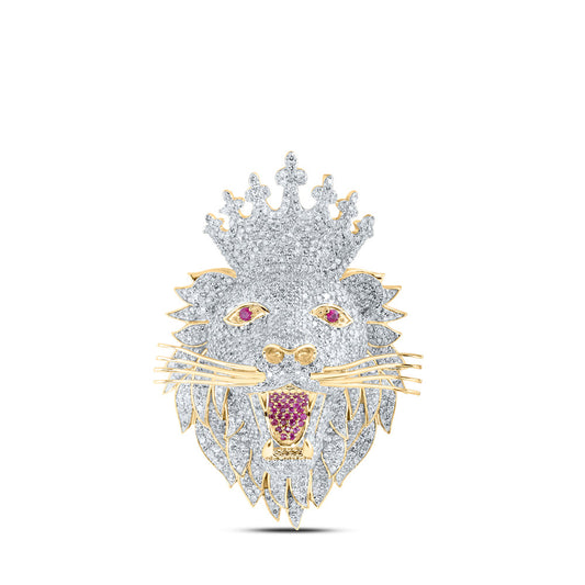 10K Yellow Gold Mens Round Diamond Lion Face Crown Charm Pendant 5-7/8 Cttw