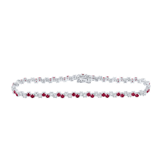 14K White Gold Womens Round Ruby Diamond Tennis Bracelet 3-3/4 Cttw