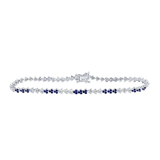 14K White Gold Womens Round Blue Sapphire Diamond Tennis Bracelet 1-3/4 Cttw