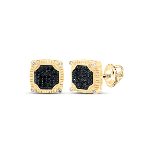 10K Yellow Gold Round Black Color Enhanced Diamond Square Earrings 1/3 Cttw