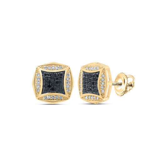 10K Yellow Gold Round Black Color Treated Diamond Square Earrings 1/4 Cttw