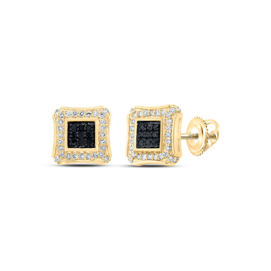 10K Yellow Gold Round Black Color Treated Diamond Square Earrings 1/4 Cttw