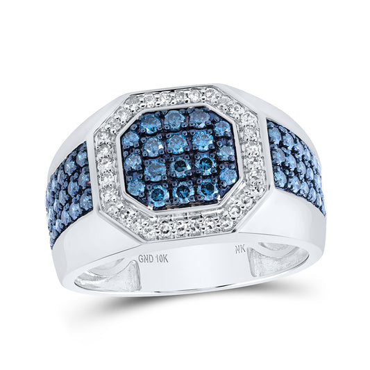 10K White Or Yellow Gold Mens Round Blue Color Treated Diamond Octagon Ring, Mens Size: 7-13