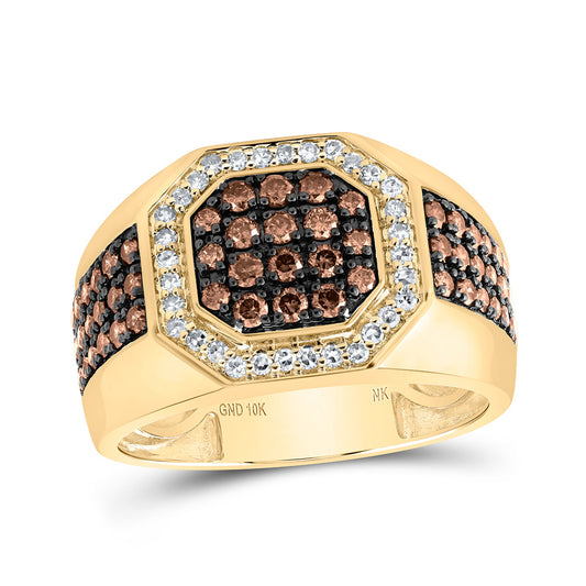 10K Yellow Gold Mens Round Brown Diamond Octagon Ring 1-1/5 Cttw, Mens Size: 7-13