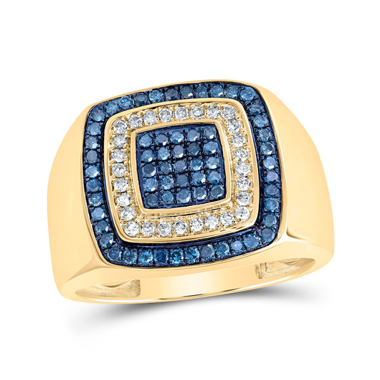10K Yellow Gold Mens Round Blue Color Treated Diamond Square Ring 3/4 Cttw, Mens Size: 7-13