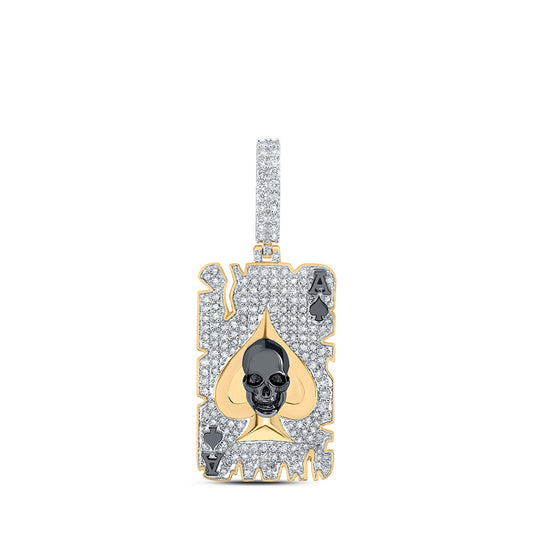 10K Yellow Gold Mens Round Diamond ACE Spade Skull Charm Pendant 1-1/3 Cttw