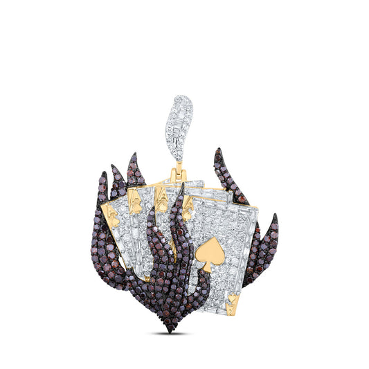 10K Yellow Gold Mens Round Red Color Treated Diamond ACE Spades Flame Charm Pendant 3-1/3 Cttw