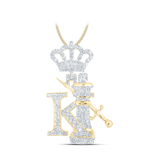 10K Yellow Gold Mens Round Diamond King Chess Crown Charm Pendant 1-1/2 Cttw