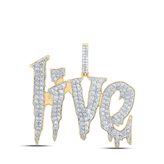 10K Yellow Gold Mens Round Diamond LIVE Drip Phrase Charm Pendant 2-3/8 Cttw