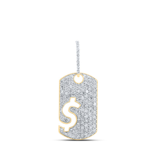 10K Yellow Gold Mens Round Diamond Dogtag Dollar Sign Charm Pendant 1-1/3 Cttw