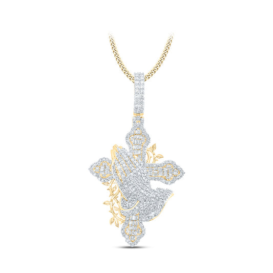 10K Yellow Gold Mens Round Diamond Prayer Hands Cross Charm Pendant 2 Cttw